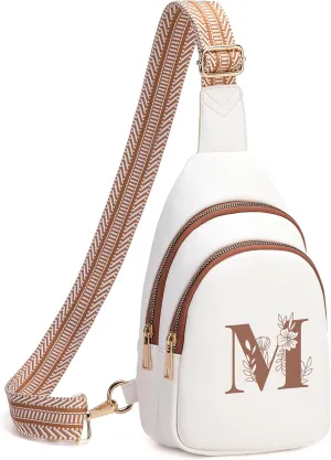 Personalized Mothers Day Gifts Initial Sling Bag PU Crossbody Bags for Women Mother's Day Birthday Gifts for Women Mom Sister Wife (Beige with Brown-M)