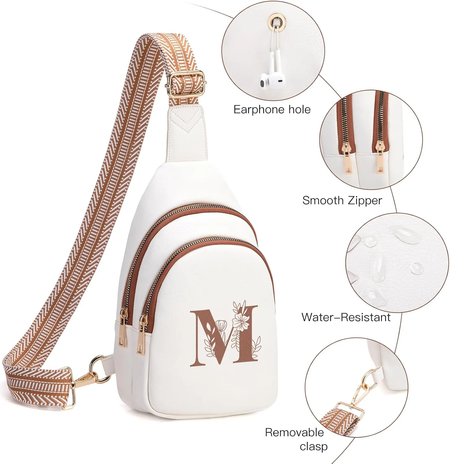 Personalized Mothers Day Gifts Initial Sling Bag PU Crossbody Bags for Women Mother's Day Birthday Gifts for Women Mom Sister Wife (Beige with Brown-M)
