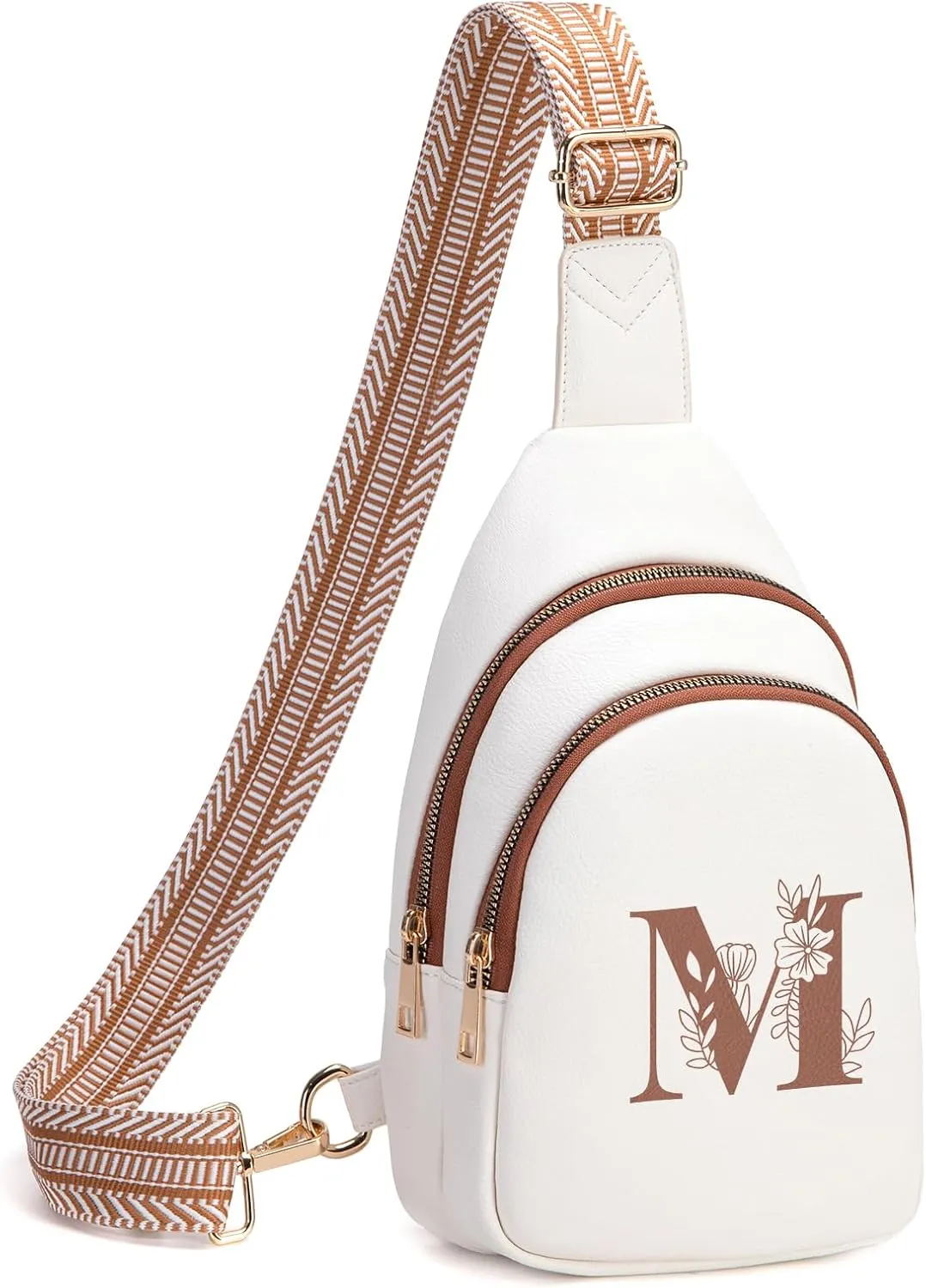 Personalized Mothers Day Gifts Initial Sling Bag PU Crossbody Bags for Women Mother's Day Birthday Gifts for Women Mom Sister Wife (Beige with Brown-M)