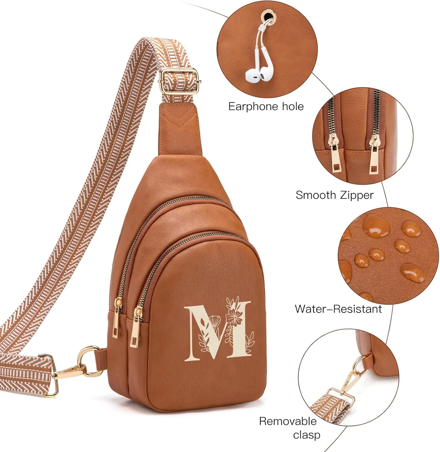 Personalized Mothers Day Gifts Initial Sling Bag PU Crossbody Bags for Women Mother's Day Birthday Gifts for Women Mom Sister Wife (Brown-M)