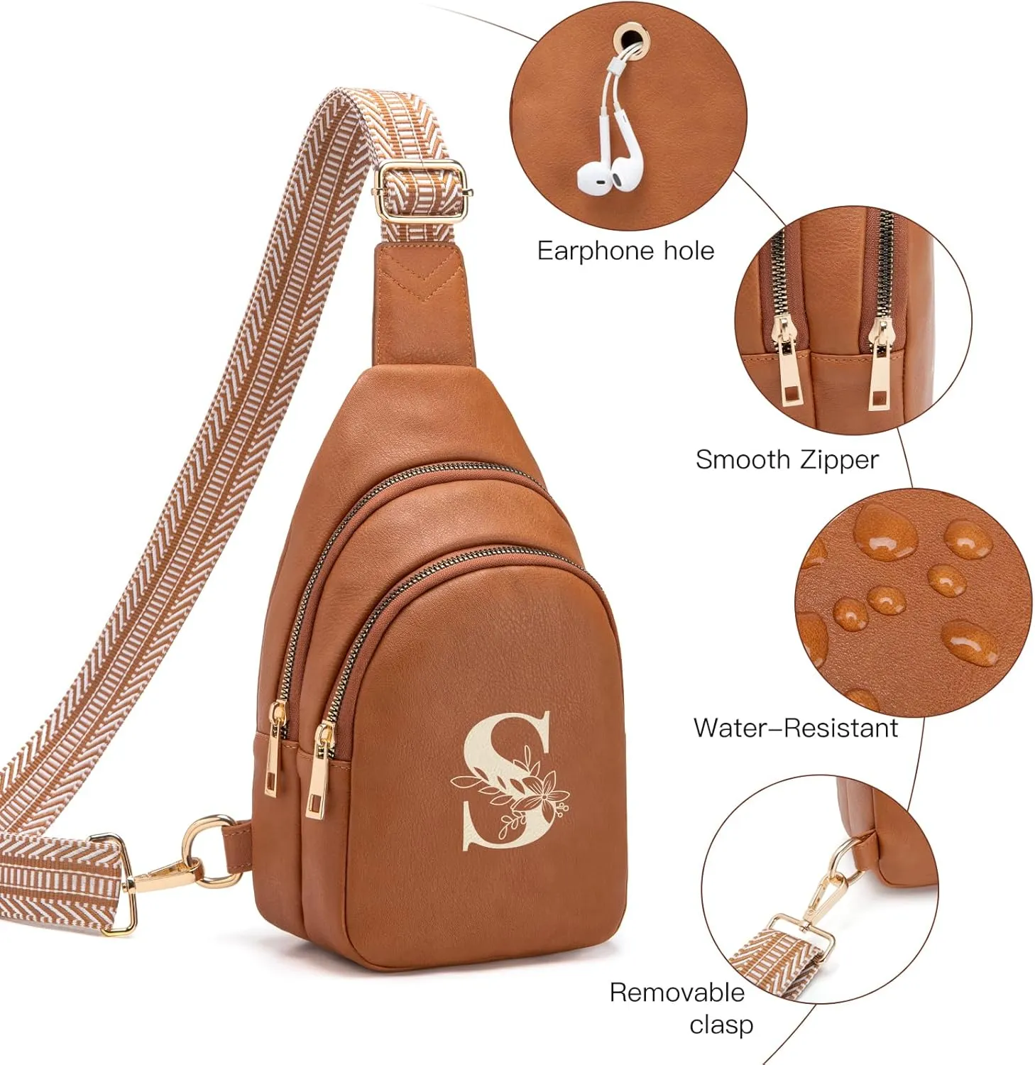 Personalized Mothers Day Gifts Initial Sling Bag PU Crossbody Bags for Women Mother's Day Birthday Gifts for Women Mom Sister Wife (Brown-S)