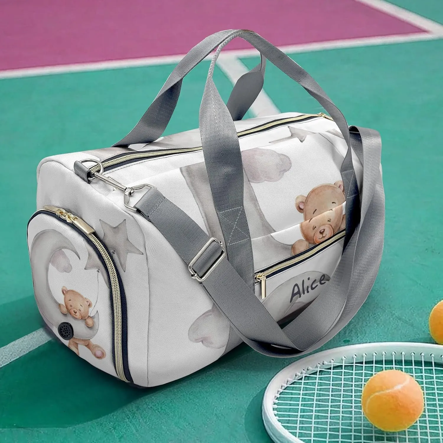 Personalized Name Duffel Bag Cute Teddy Bear with Star Balloon on the Moon On-the-Go Fitness: Travel Bags Designed for Active Living
