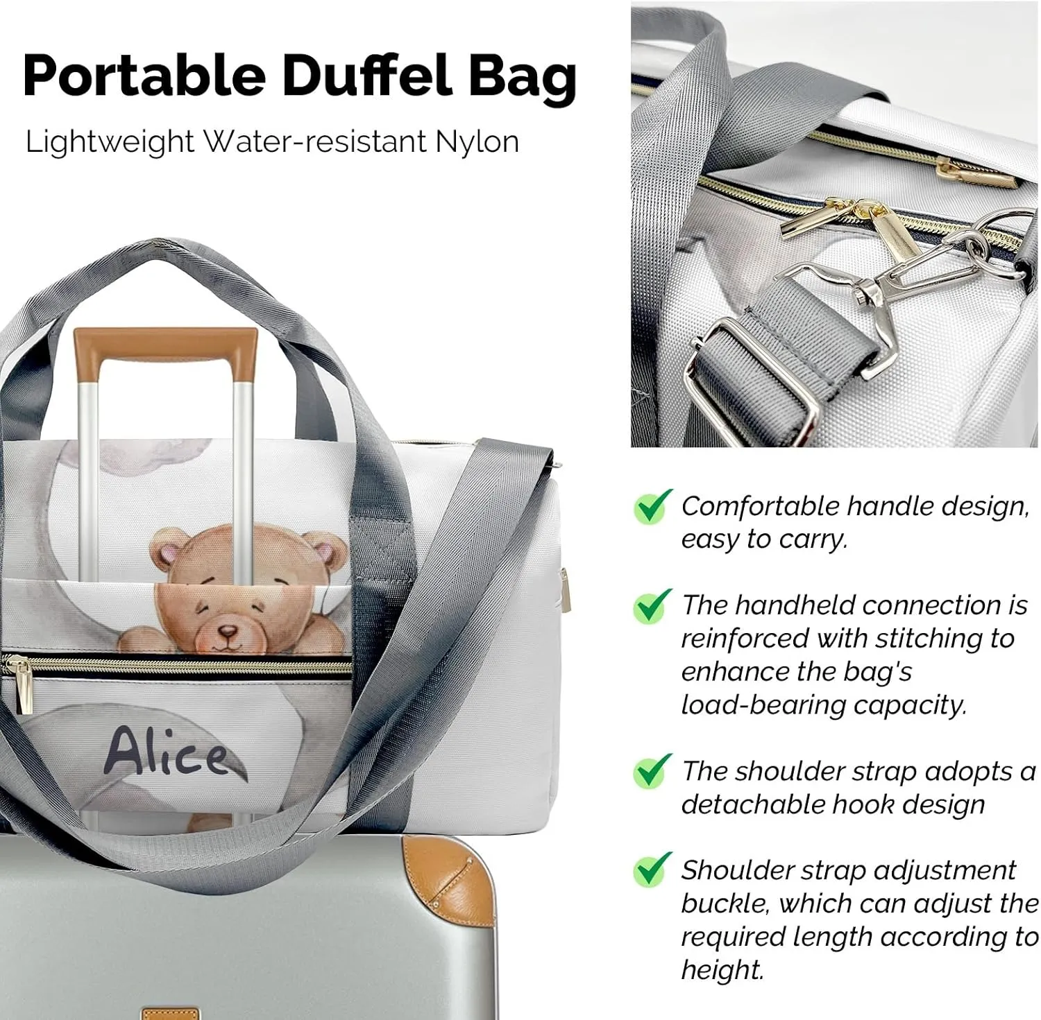 Personalized Name Duffel Bag Cute Teddy Bear with Star Balloon on the Moon On-the-Go Fitness: Travel Bags Designed for Active Living