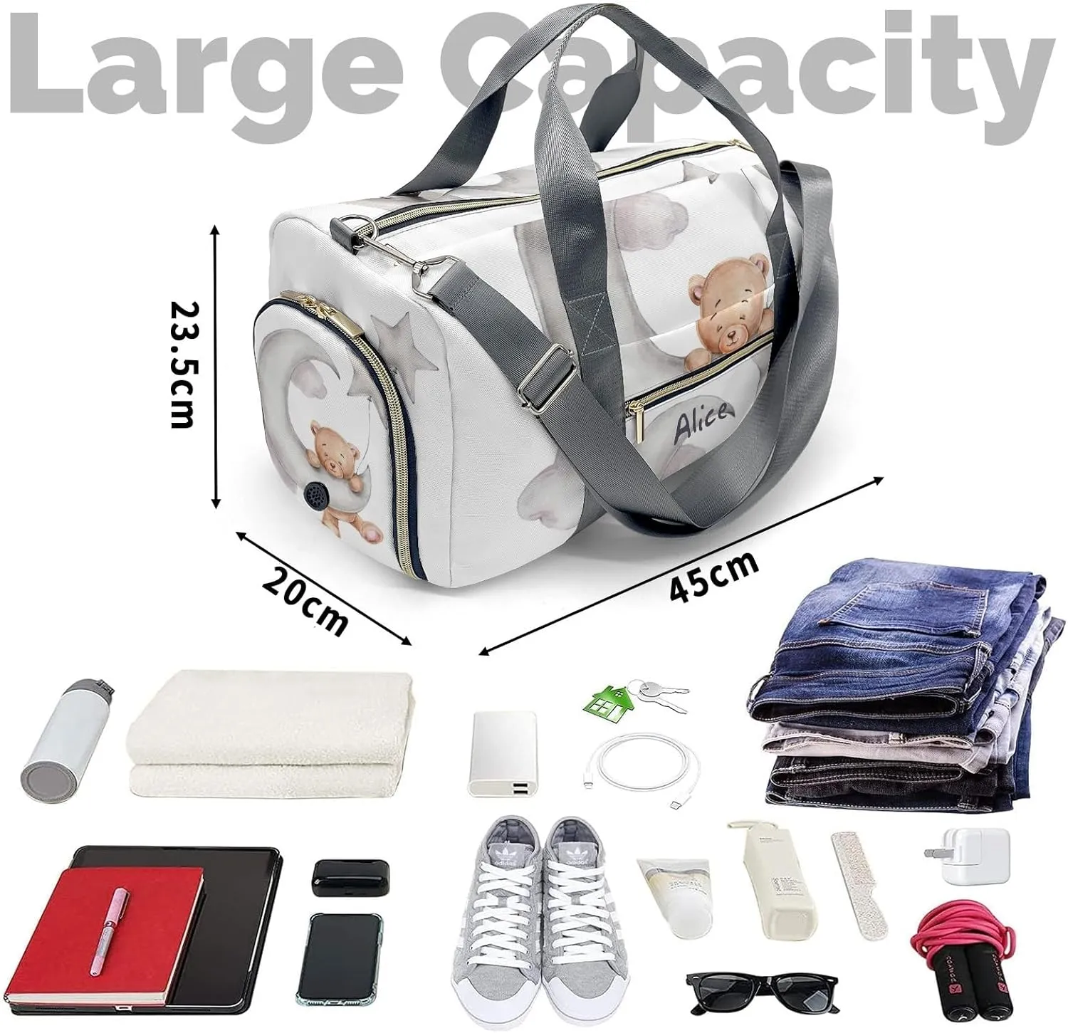 Personalized Name Duffel Bag Cute Teddy Bear with Star Balloon on the Moon On-the-Go Fitness: Travel Bags Designed for Active Living