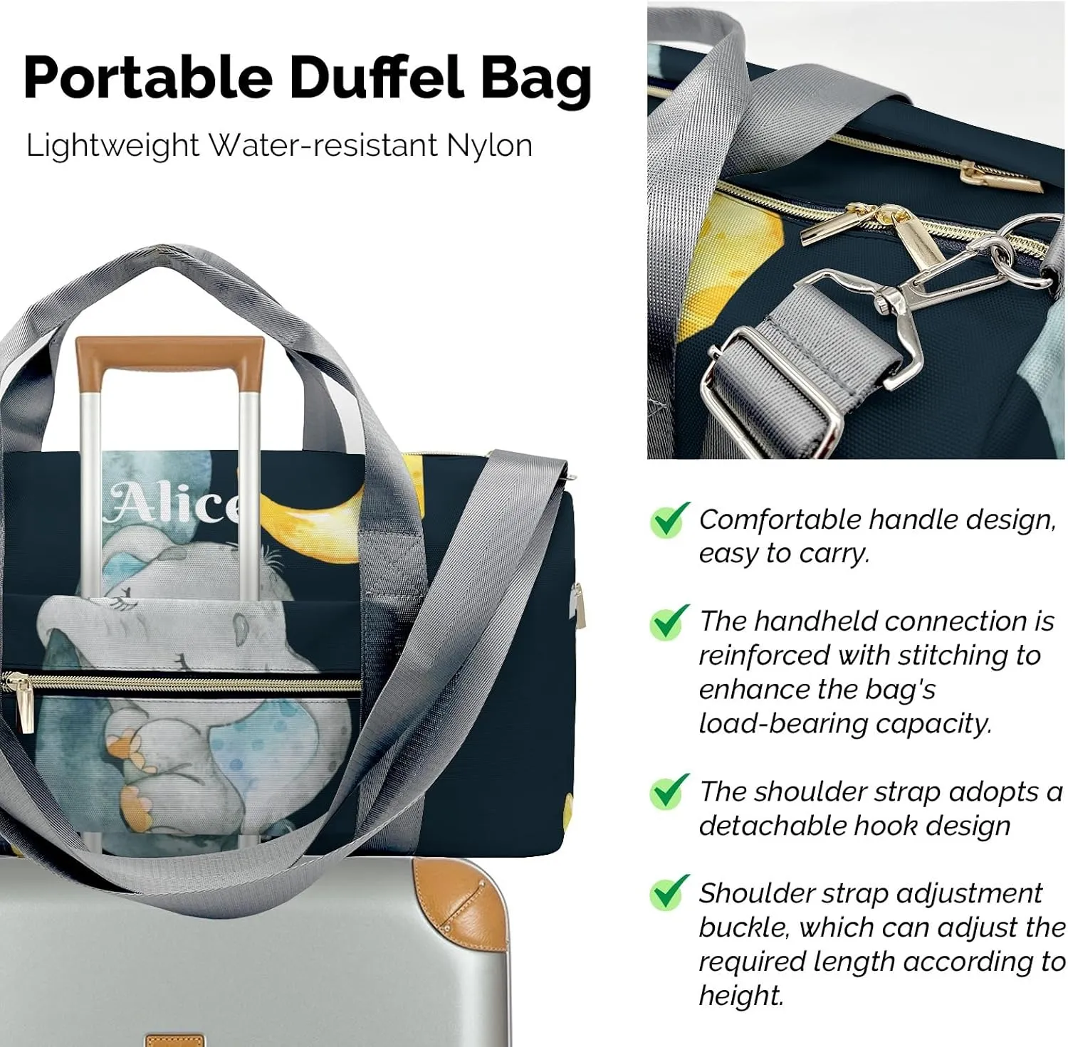 Personalized Name Duffel Bag Sleeping Elephant Moon Star Ultimate Travel Bags: Your Companion for Every Adventure