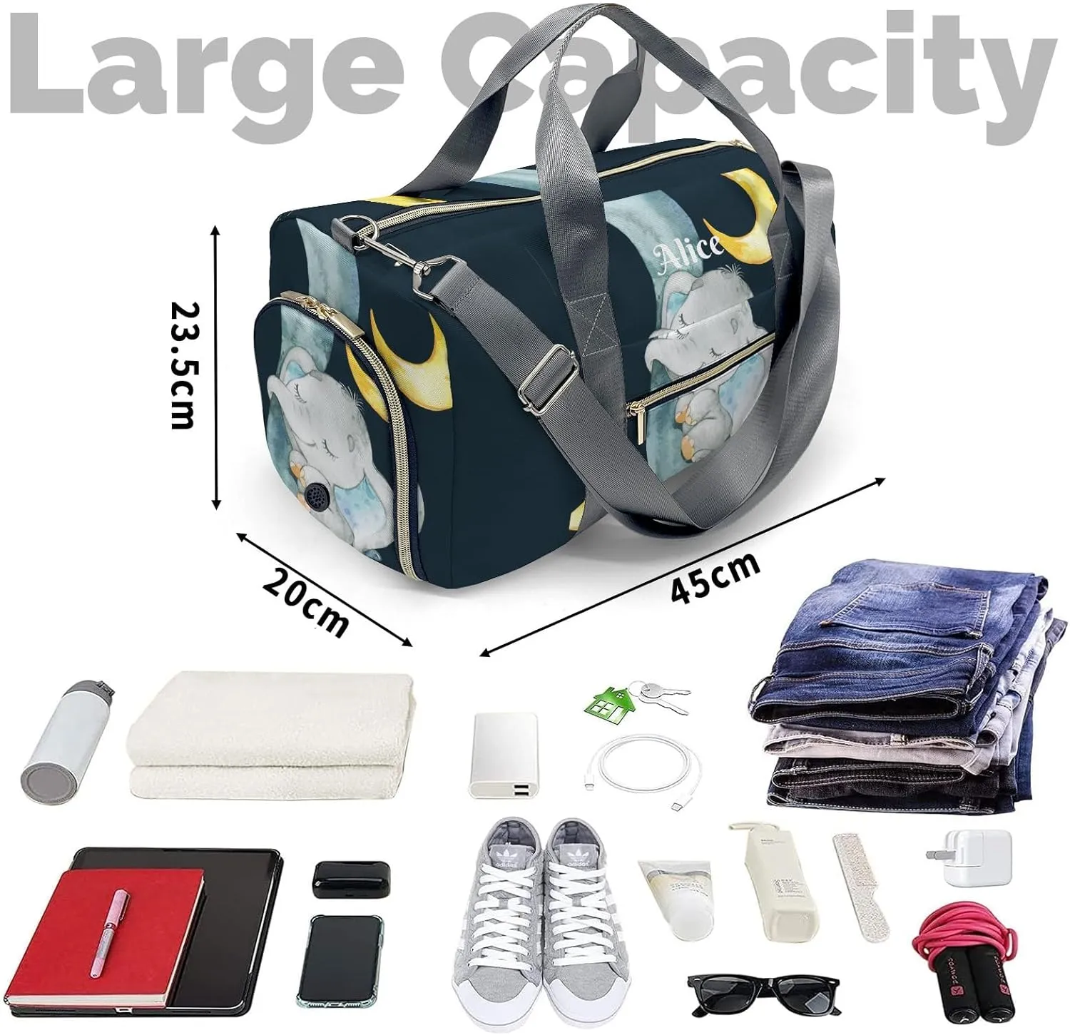 Personalized Name Duffel Bag Sleeping Elephant Moon Star Ultimate Travel Bags: Your Companion for Every Adventure