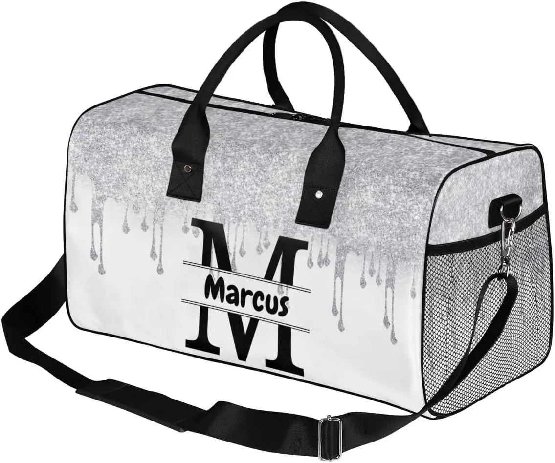 Personalized Name Sports Bag Travel Duffel Bags, Custom Initial Gym Bag for Adults, Overnight Weekend Bags, Dance Bag, Personalized Gifts, Silver Fluid