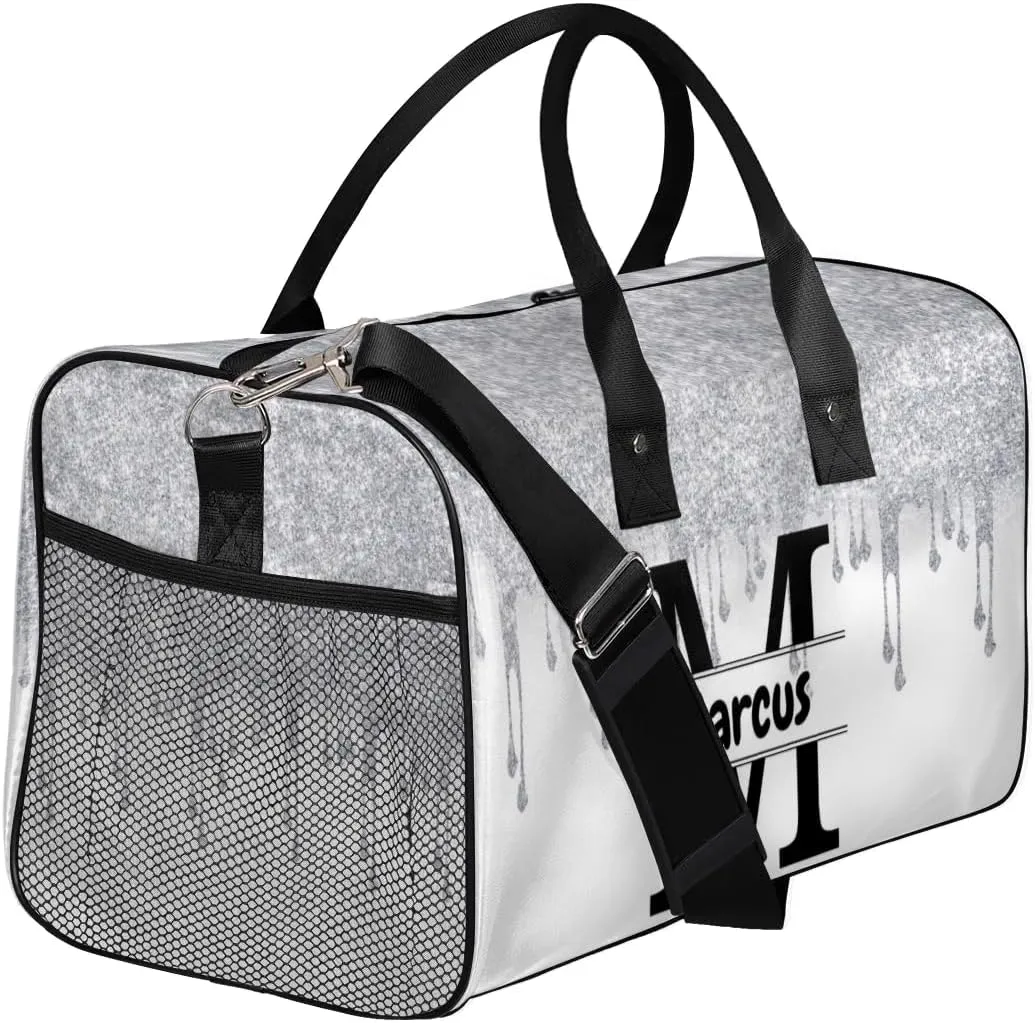 Personalized Name Sports Bag Travel Duffel Bags, Custom Initial Gym Bag for Adults, Overnight Weekend Bags, Dance Bag, Personalized Gifts, Silver Fluid