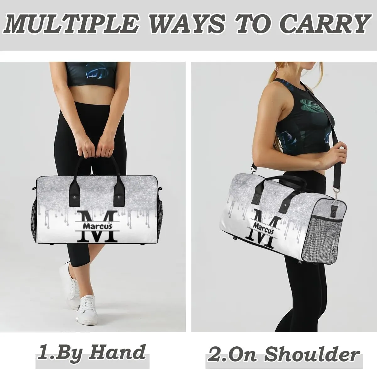 Personalized Name Sports Bag Travel Duffel Bags, Custom Initial Gym Bag for Adults, Overnight Weekend Bags, Dance Bag, Personalized Gifts, Silver Fluid