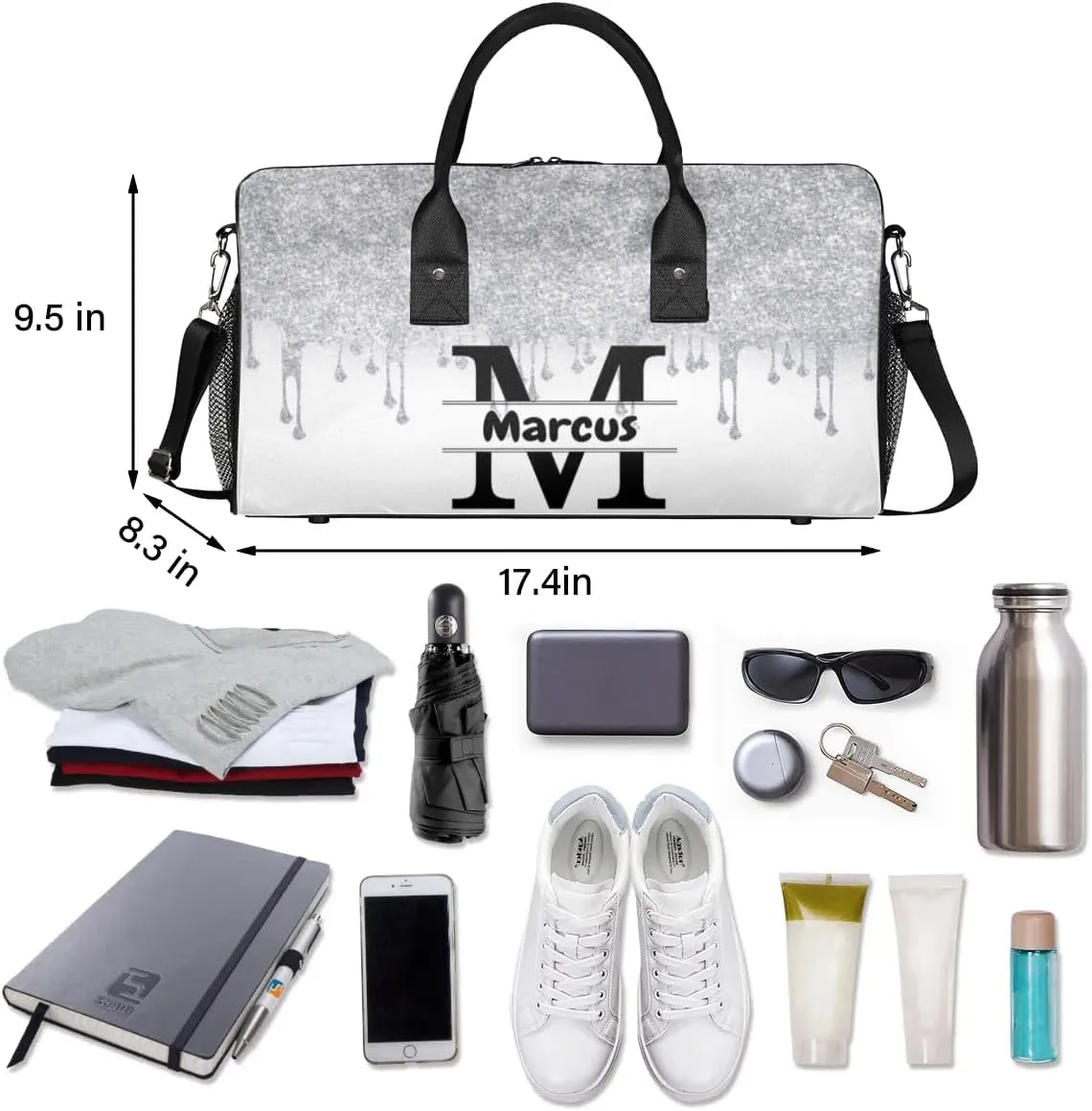 Personalized Name Sports Bag Travel Duffel Bags, Custom Initial Gym Bag for Adults, Overnight Weekend Bags, Dance Bag, Personalized Gifts, Silver Fluid