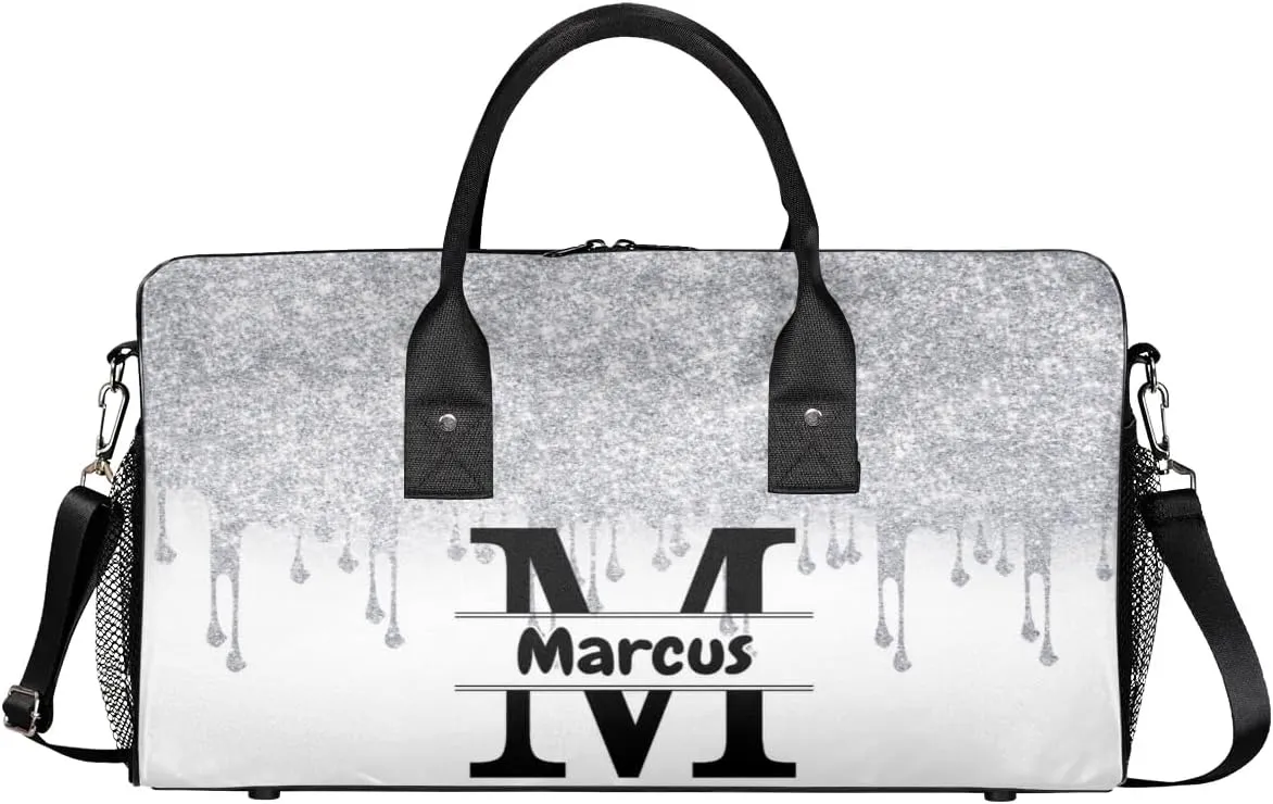 Personalized Name Sports Bag Travel Duffel Bags, Custom Initial Gym Bag for Adults, Overnight Weekend Bags, Dance Bag, Personalized Gifts, Silver Fluid