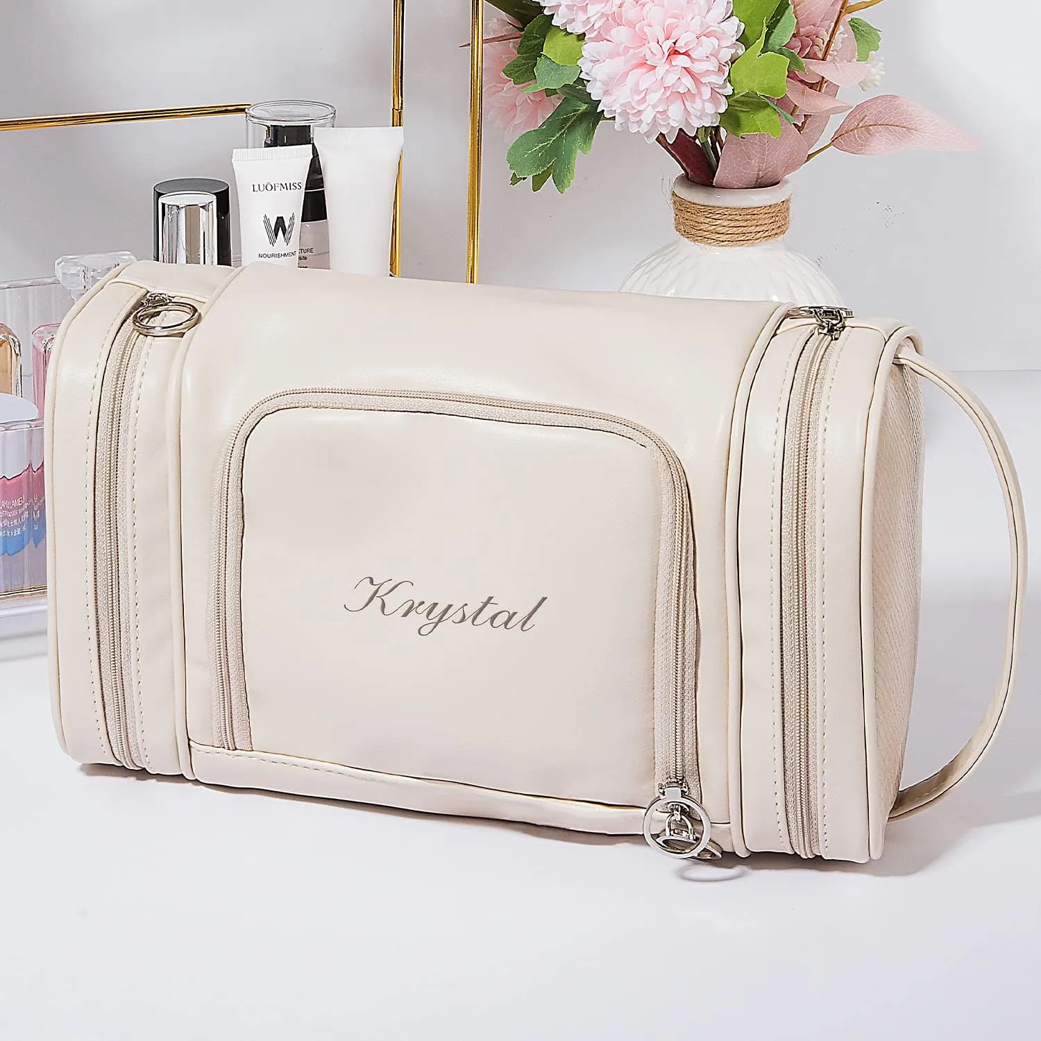 Personalized Name Toiletry Bag for Women Christmas, Travel Organizer Toiletry Bag, Water-Resistant Toiletries Organizer, Makeup Bag, Christmas Sisters Gift, Travel Toiletries Kit Leather Cosmetic Bag