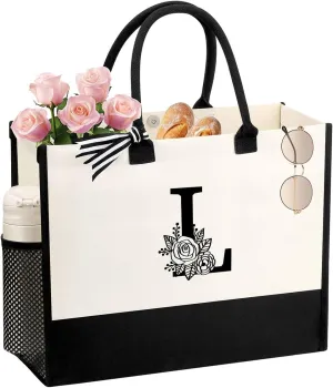 Personalized Name Tote Bag for Women, Birthday Best Friend Bridesmaid Gifts for Women Canvas Initial Tote Bags
