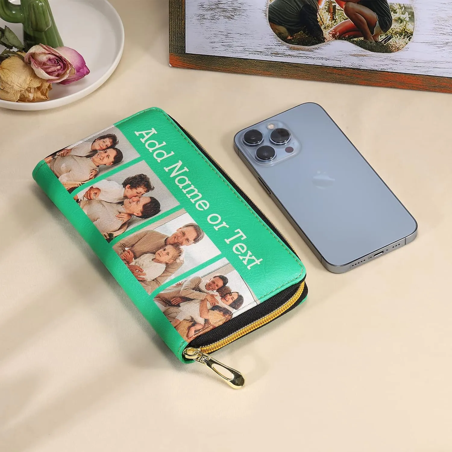 Personalized Photo Leather Purse Cell Phone Case Wallet for Women, Customized Long Coin Purse Engraved Credit Card Holder Wallets Zip Ladies Clutch, Purses for Women Lady Girl