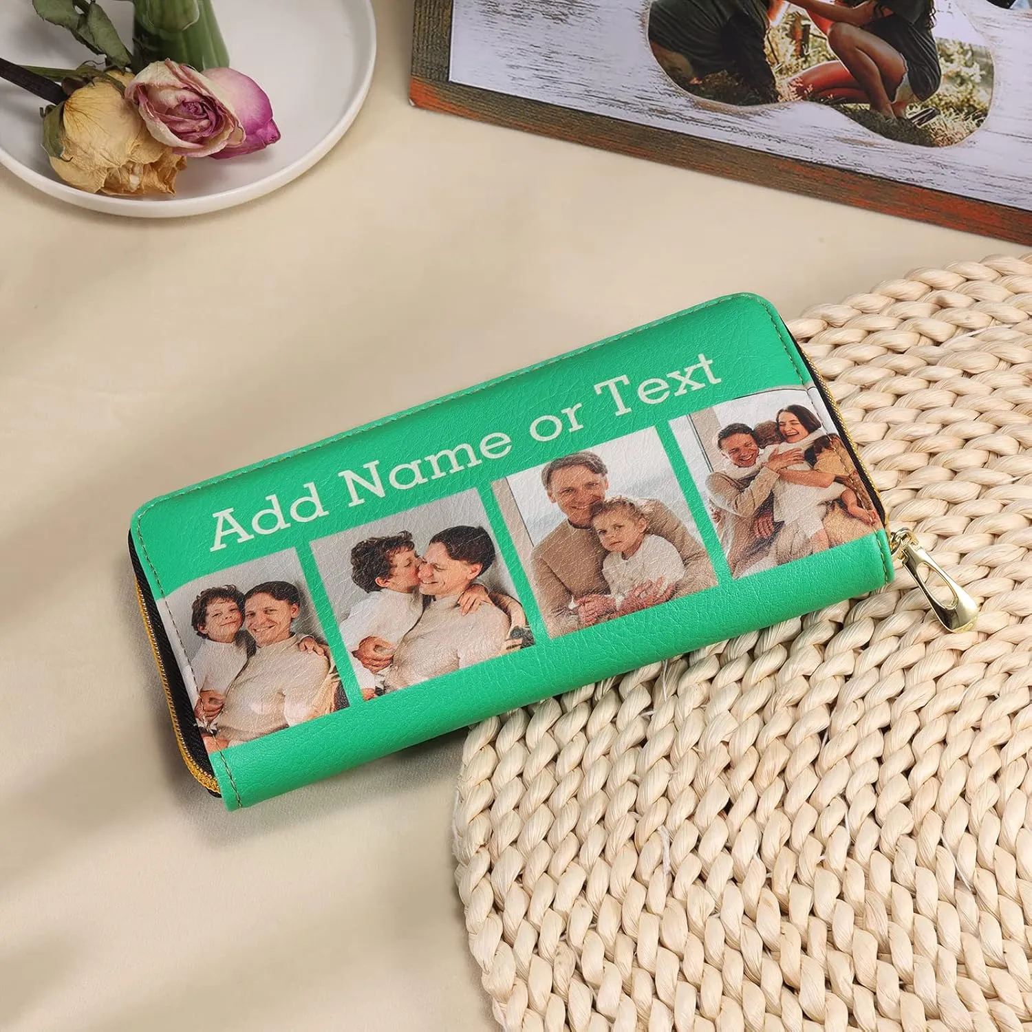 Personalized Photo Leather Purse Cell Phone Case Wallet for Women, Customized Long Coin Purse Engraved Credit Card Holder Wallets Zip Ladies Clutch, Purses for Women Lady Girl