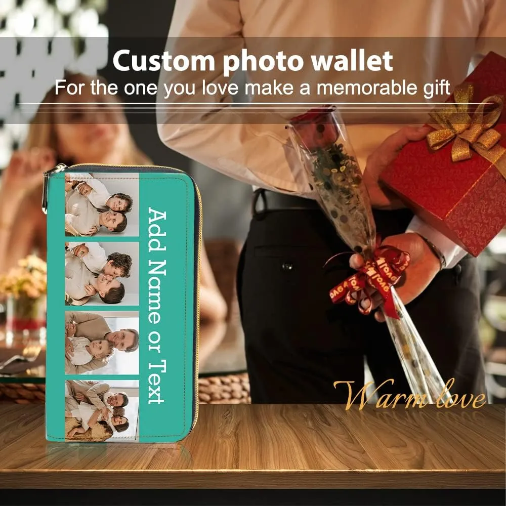 Personalized Photo Leather Purse Cell Phone Case Wallet for Women, Customized Long Coin Purse Engraved Credit Card Holder Wallets Zip Ladies Clutch, Purses for Women Lady Girl