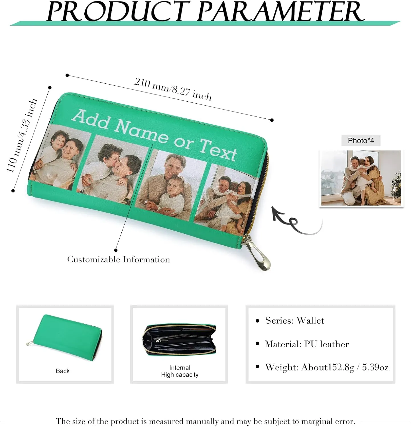 Personalized Photo Leather Purse Cell Phone Case Wallet for Women, Customized Long Coin Purse Engraved Credit Card Holder Wallets Zip Ladies Clutch, Purses for Women Lady Girl