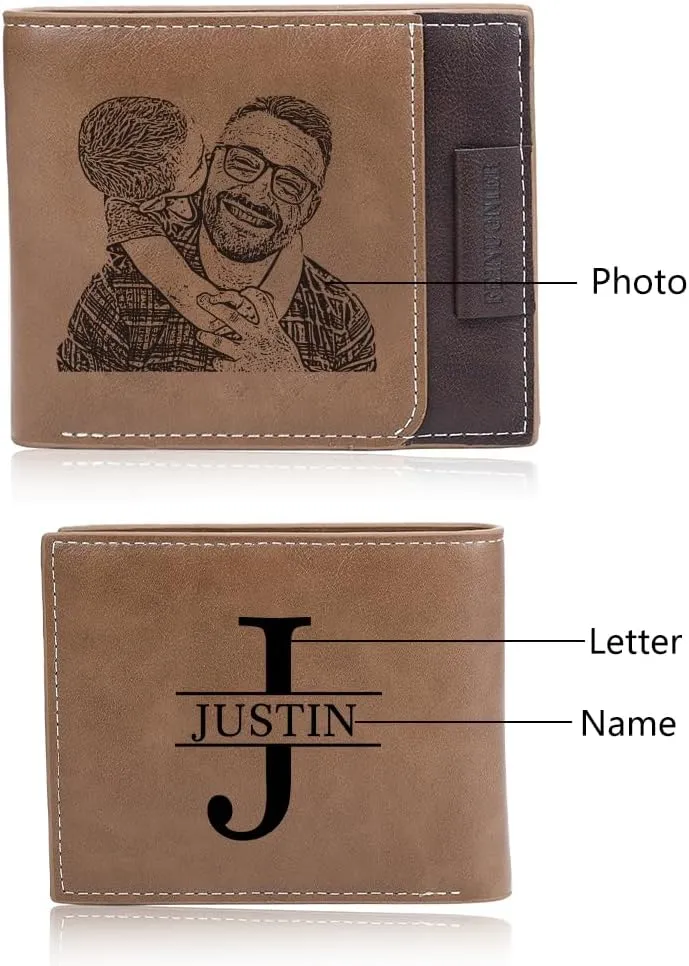 Personalized Photo Mens Wallets Leather: Custom Initial Name Bi-fold Wallet for Men Father - Men's wallets Wallet for Dad Boyfriend Grandpa Birthday Gift (Brown Photo Monogram)