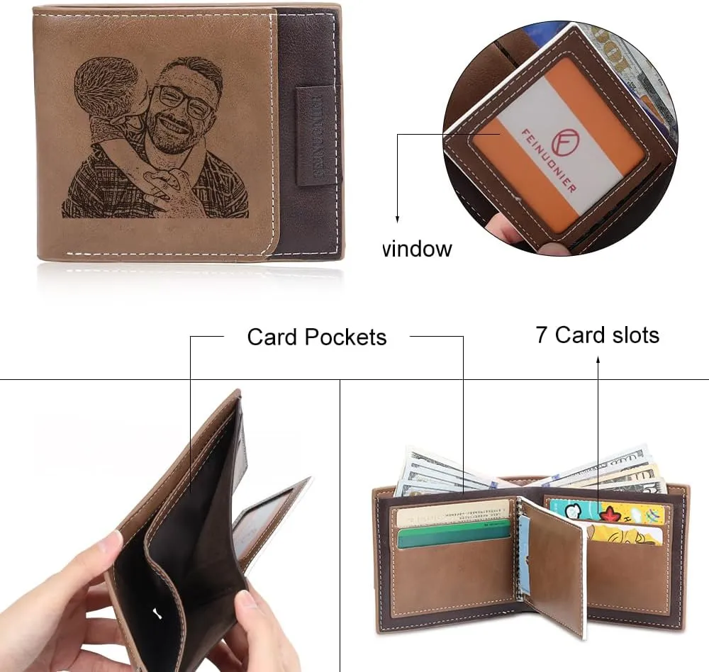 Personalized Photo Mens Wallets Leather: Custom Initial Name Bi-fold Wallet for Men Father - Men's wallets Wallet for Dad Boyfriend Grandpa Birthday Gift (Brown Photo Monogram)