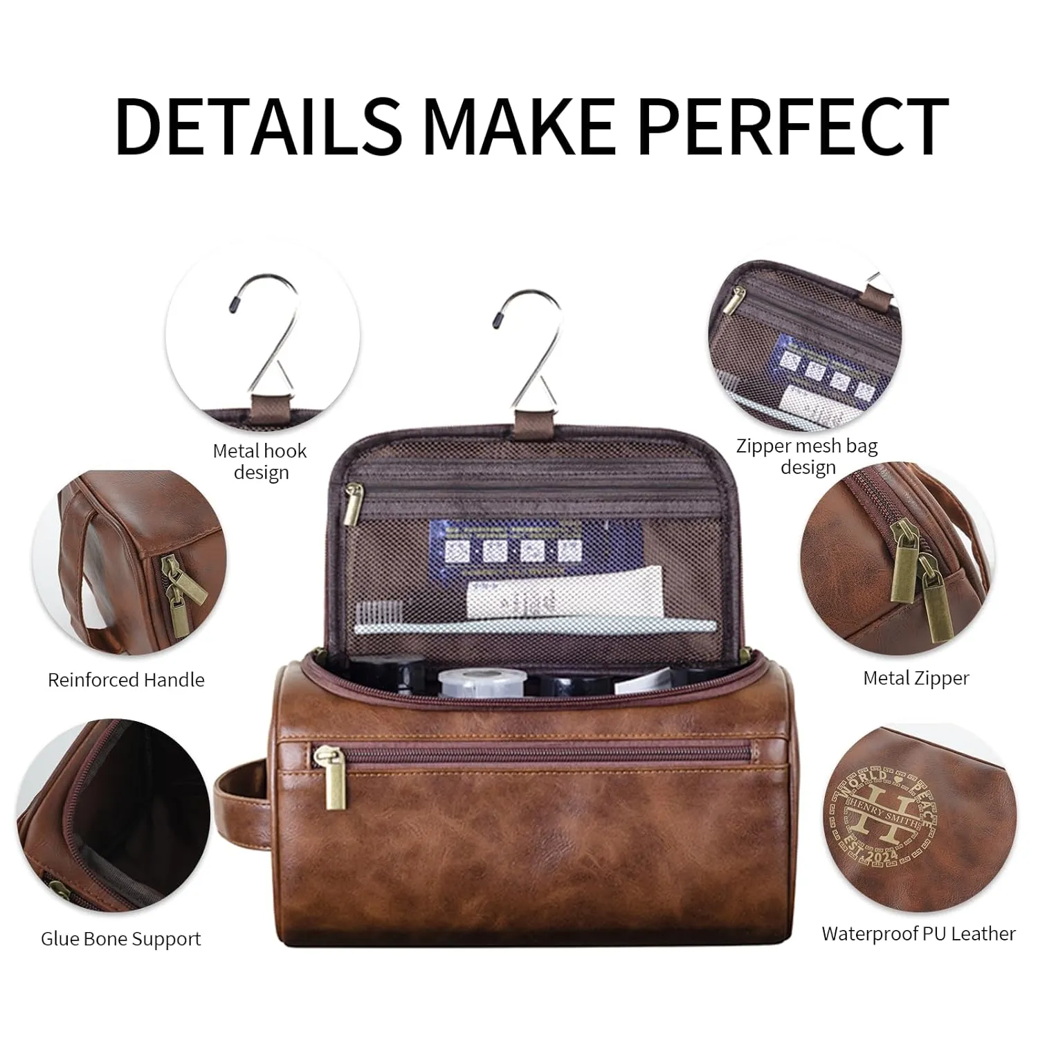 Personalized Toiletry Bag for Men Custom Engraved Name Initials Toiletry Bag Leather Travel Organizer Water Resistant Bag (Style01)