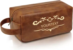 Personalized Toiletry Bag for Men, Custom Leather Travel Dopp Kit, Waterproof Hygiene Cosmetic Bag, Engraved with Pattern and Text, Gifts for Birthday, Anniversary, Christmas