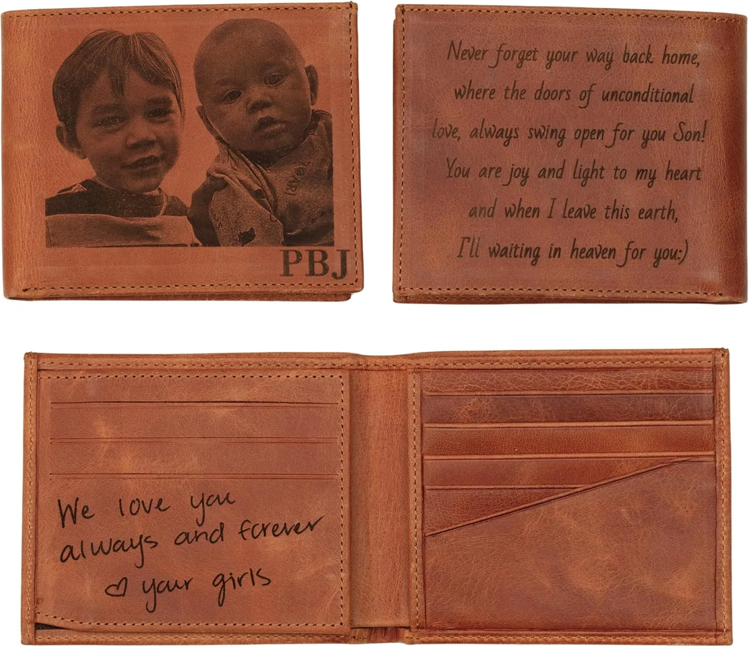 Personalized Wallet for Men – Custom Engraved Leather Wallet with Photo, Handwriting, or Initials – Slim Brown Bifold – Gift for Husband, Dad, Boyfriend