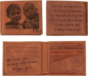 Personalized Wallet for Men – Custom Engraved Leather Wallet with Photo, Handwriting, or Initials – Slim Brown Bifold – Gift for Husband, Dad, Boyfriend