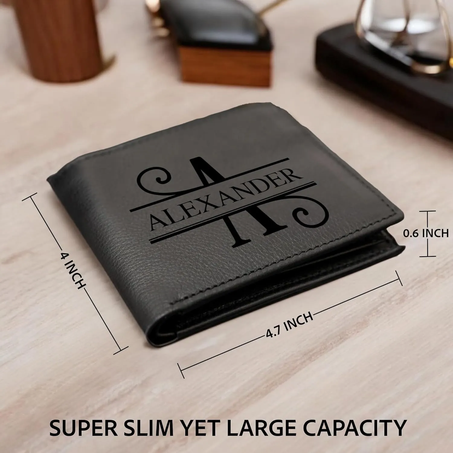 Personalized Wallet for Men | Initial Monogram Custom Engraved Genuine Leather Bifold Wallet Birthday Anniversary Gift for Husband Boyfriend Groomsmen Dad Grandpa (Black)