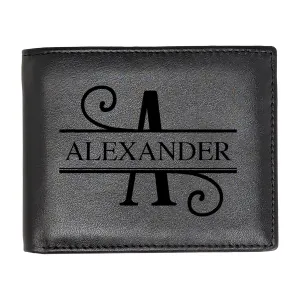 Personalized Wallet for Men | Initial Monogram Custom Engraved Genuine Leather Bifold Wallet Birthday Anniversary Gift for Husband Boyfriend Groomsmen Dad Grandpa (Black)