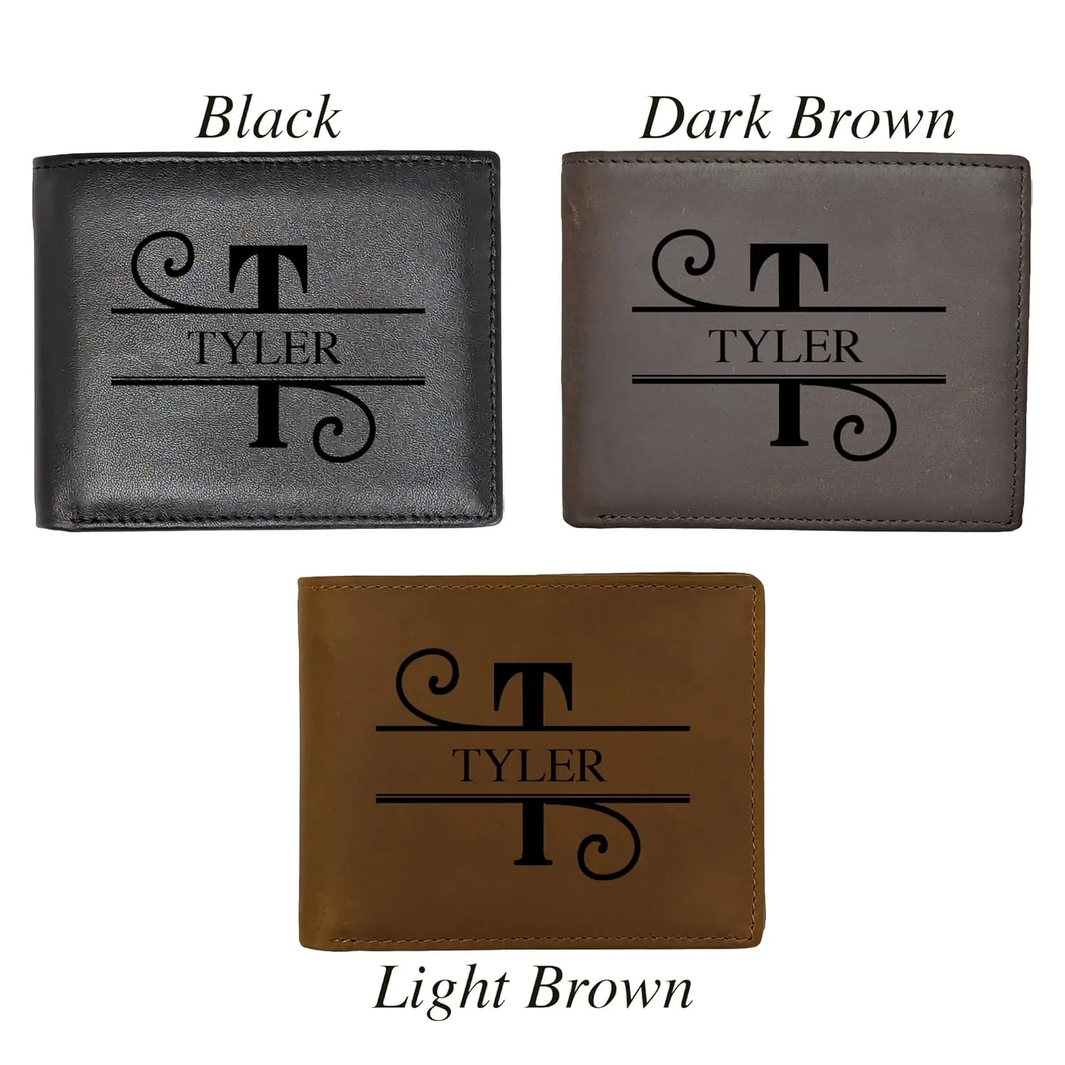 Personalized Wallet for Men | Initial Monogram Custom Engraved Genuine Leather Bifold Wallet Birthday Anniversary Gift for Husband Boyfriend Groomsmen Dad Grandpa (Black)