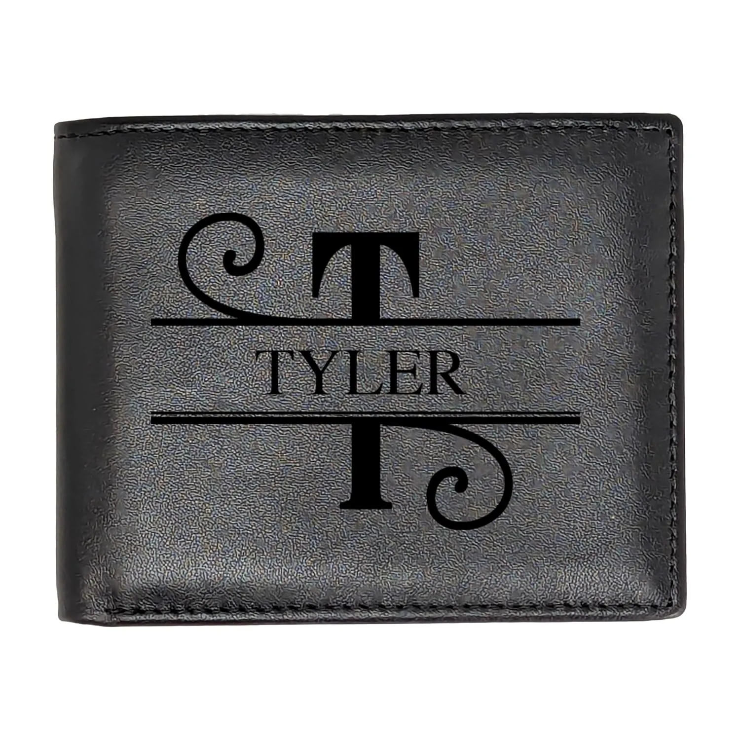 Personalized Wallet for Men | Initial Monogram Custom Engraved Genuine Leather Bifold Wallet Birthday Anniversary Gift for Husband Boyfriend Groomsmen Dad Grandpa (Black)