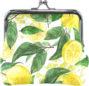 Personalized Women Cute Coin Purse Leather Chic Lemon Leaf Green Kiss Lock Buckle Change Holder Card Pouch