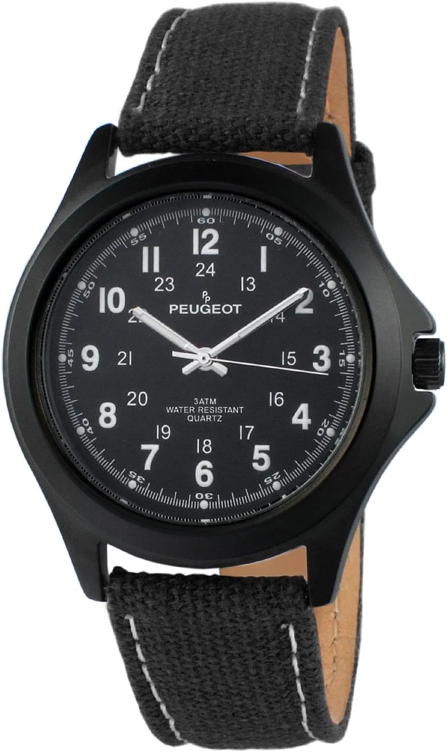 Peugeot Men Black Aviator Watch 24Hr Time Markers, Water-Resistant with Black Canvas Strap