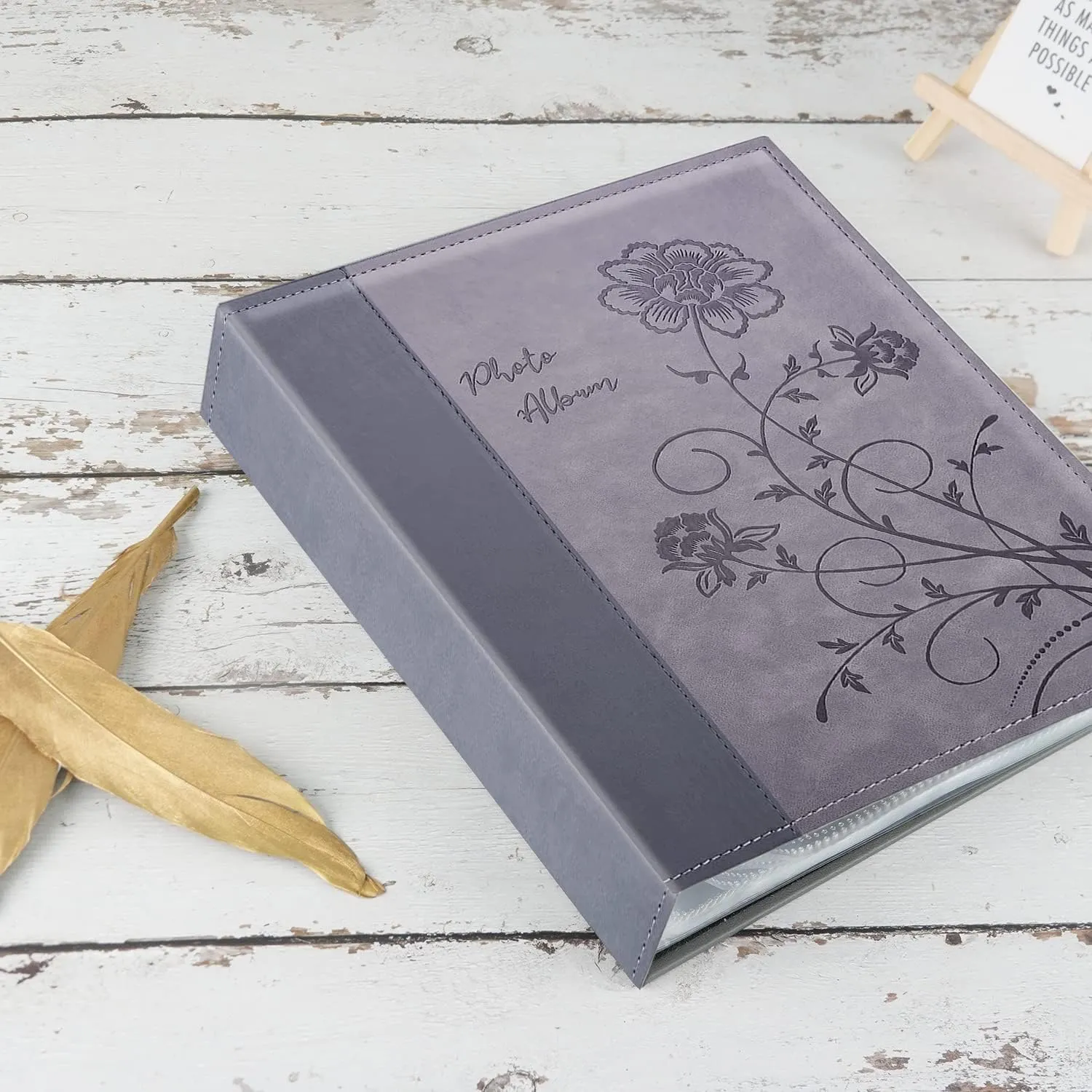 Photo Album 8x10 Clear Pages Pockets Leathe Cover Slip Slide in Photo Album Holds 100 Vertical 8x10 Photos Picture Book for Wedding Family (Grey)