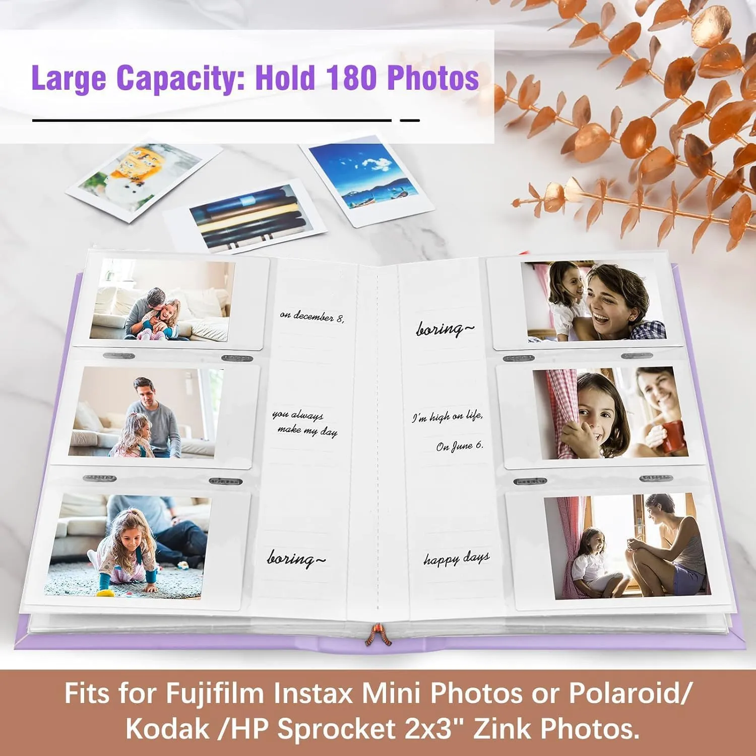 Photo Album for Fujifilm Instax Mini Camera - 180 Pockets With Writing Space for Polaroid, Leather Cover, 2x3 for Instax Mini 12 11 9 40 8 7 Evo LiPlay Instant Camera (Purple)