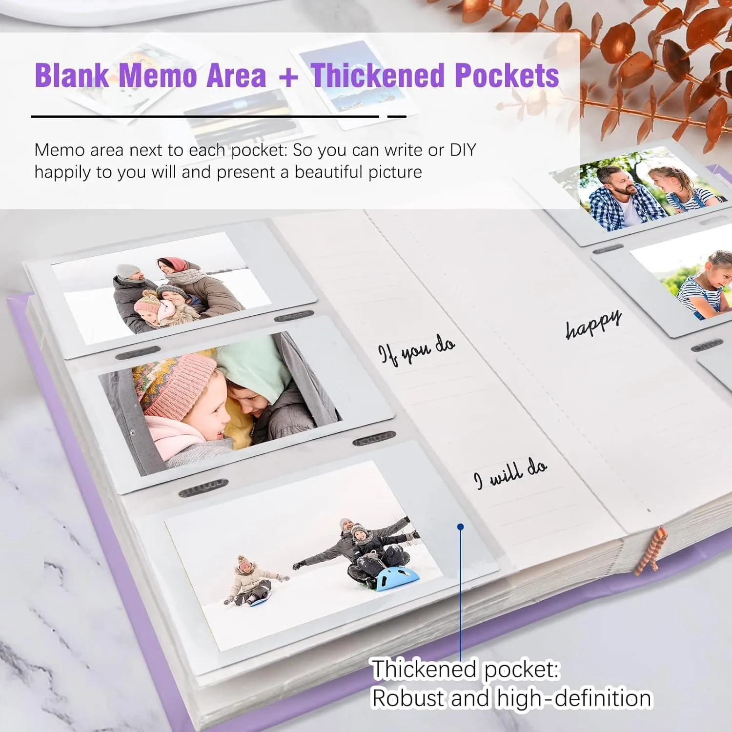 Photo Album for Fujifilm Instax Mini Camera - 180 Pockets With Writing Space for Polaroid, Leather Cover, 2x3 for Instax Mini 12 11 9 40 8 7 Evo LiPlay Instant Camera (Purple)
