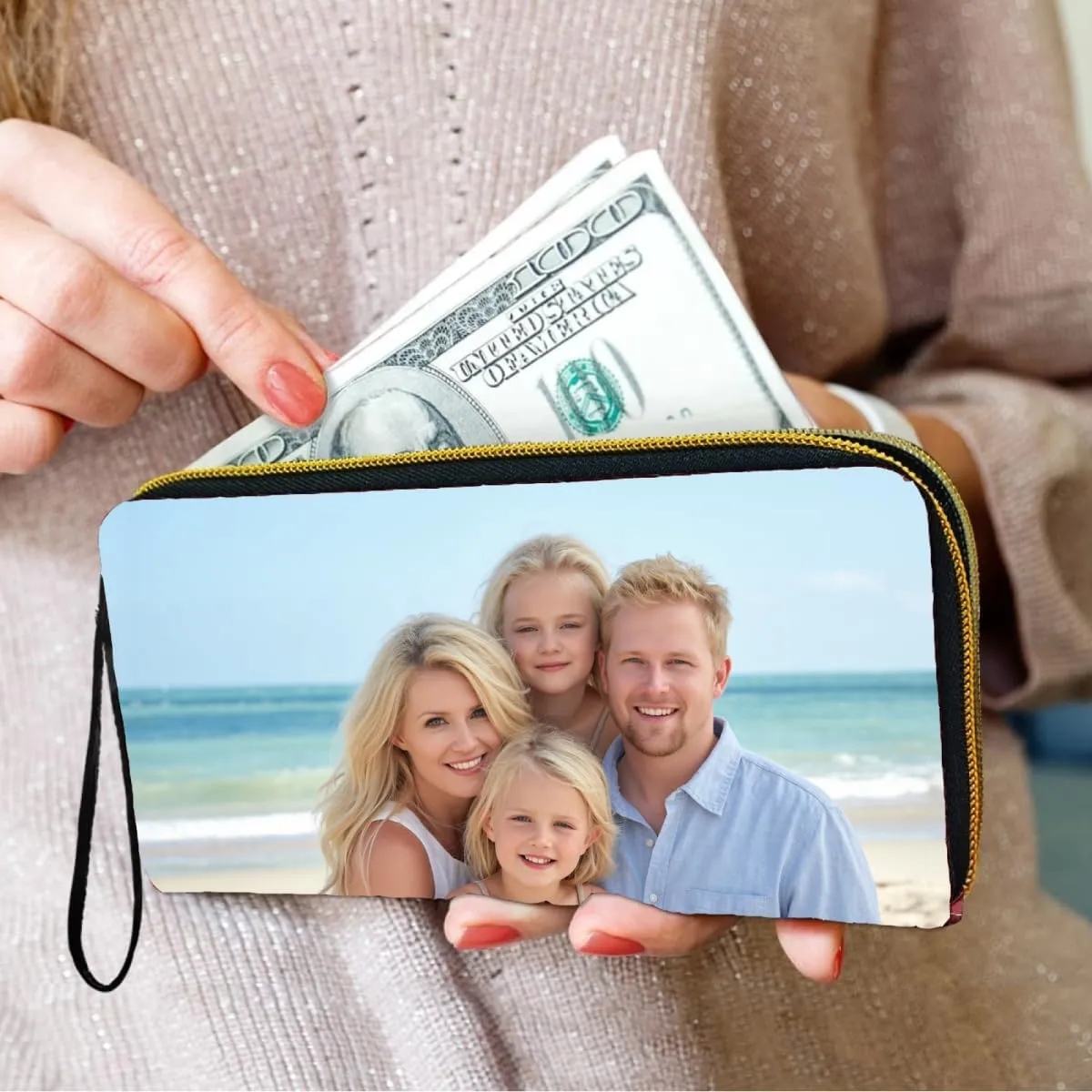 Picture Customized Wallet for Women, Personalized Photo Print Wristlet Zip Around Wallets, PU Leather Purse