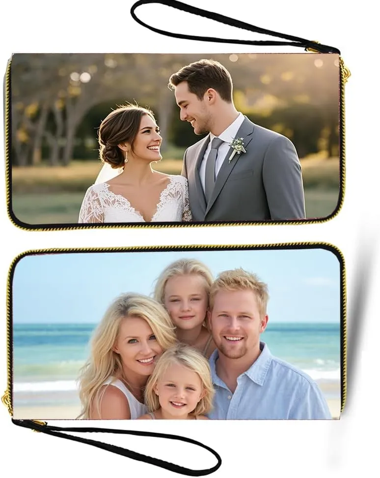 Picture Customized Wallet for Women, Personalized Photo Print Wristlet Zip Around Wallets, PU Leather Purse