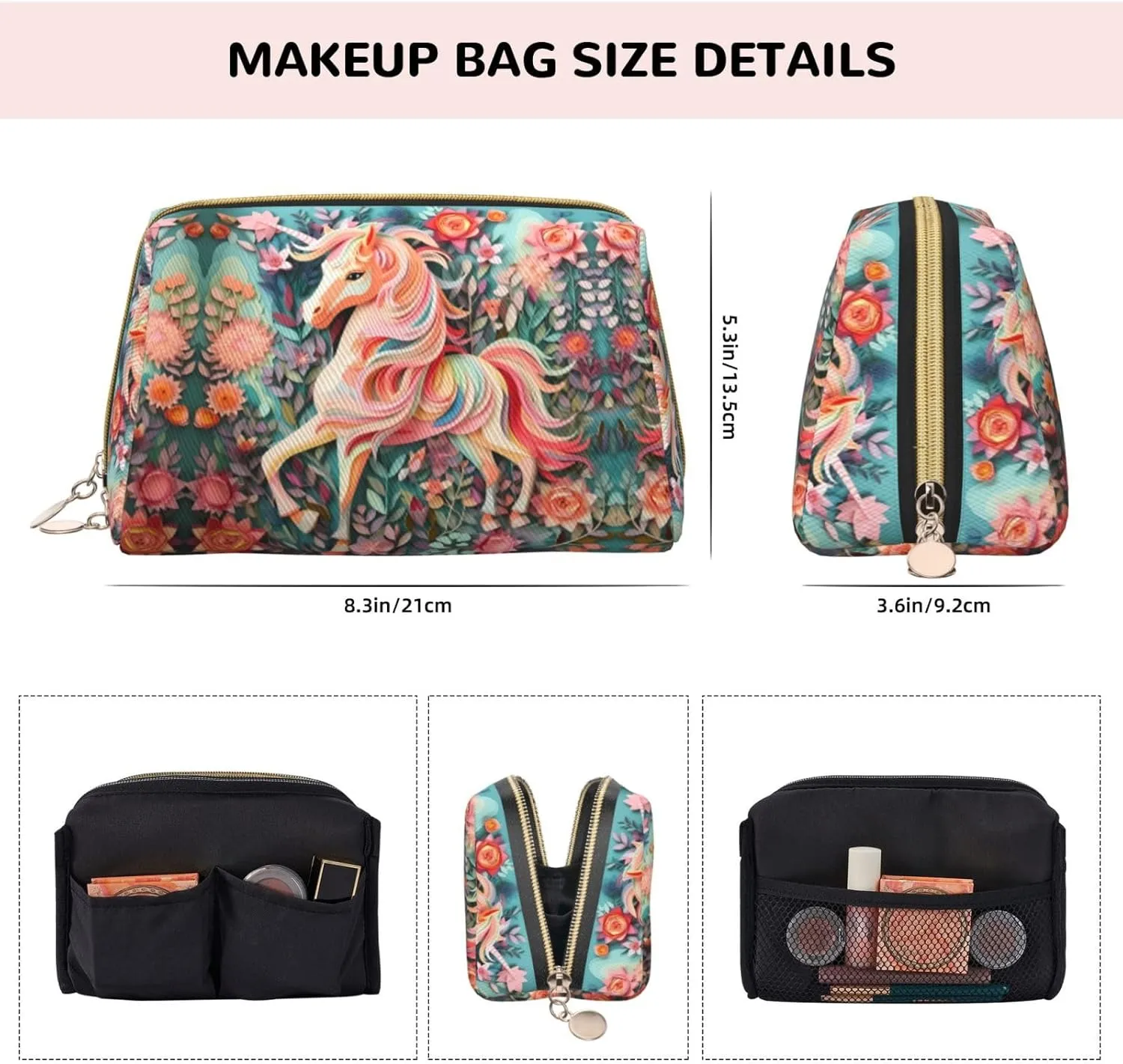 Pink Paper Cut Unicornmakeup Bag Organizer,Toiletry Cosmetic Bag,Zipper Pouch Brushes Storage Case(Large)