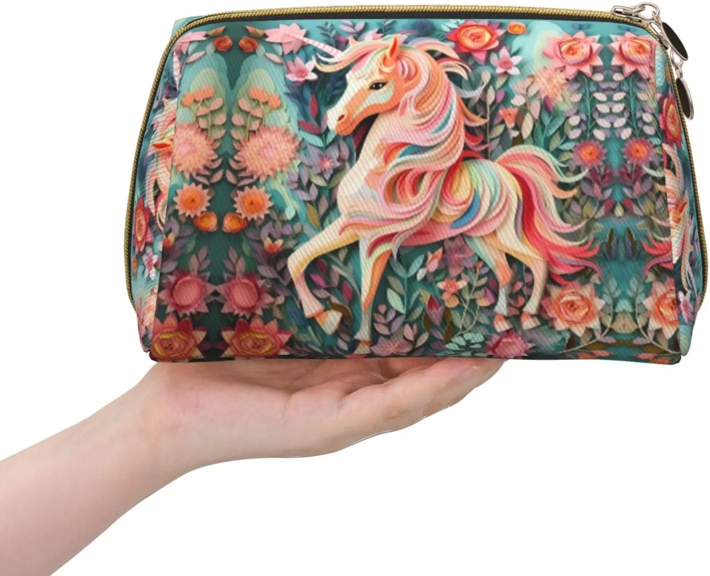 Pink Paper Cut Unicornmakeup Bag Organizer,Toiletry Cosmetic Bag,Zipper Pouch Brushes Storage Case(Large)