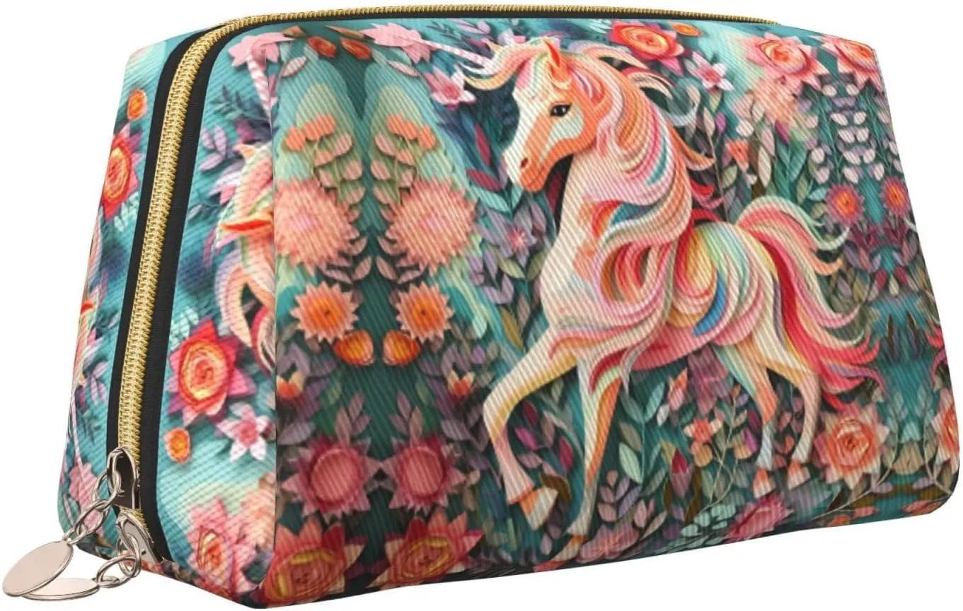 Pink Paper Cut Unicornmakeup Bag Organizer,Toiletry Cosmetic Bag,Zipper Pouch Brushes Storage Case(Large)