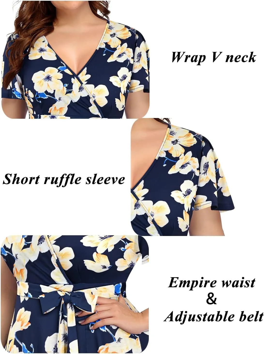 Pinup Fashion Women Plus Size Dresses Wedding Guest - Semi Formal Cocktail Wrap Empire Waist Midi Dress