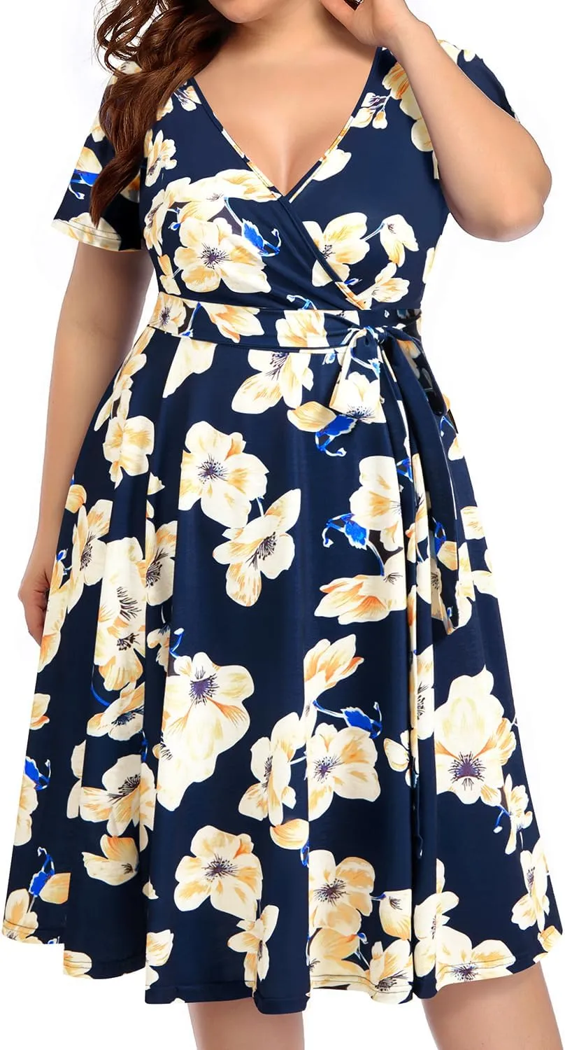 Pinup Fashion Women Plus Size Dresses Wedding Guest - Semi Formal Cocktail Wrap Empire Waist Midi Dress