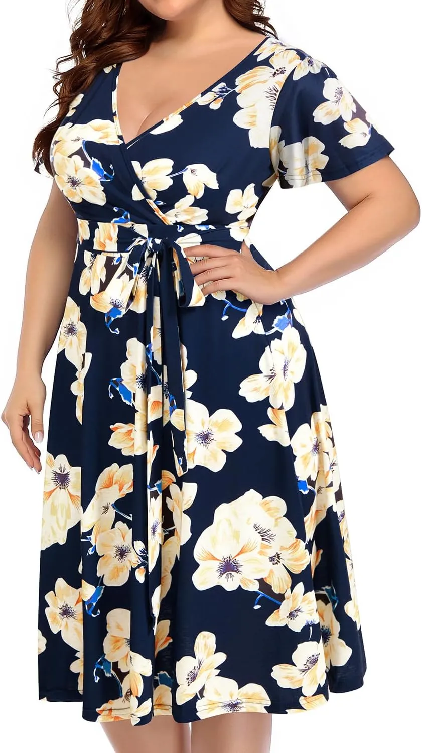 Pinup Fashion Women Plus Size Dresses Wedding Guest - Semi Formal Cocktail Wrap Empire Waist Midi Dress
