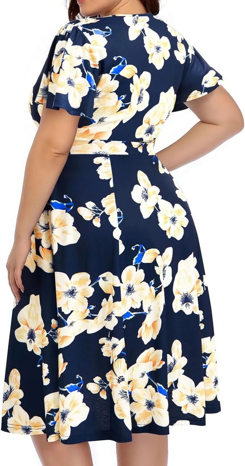 Pinup Fashion Women Plus Size Dresses Wedding Guest - Semi Formal Cocktail Wrap Empire Waist Midi Dress