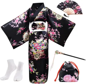PLULON 5Pcs Japanese kimono for women, Robe Geisha Yukata Dress Blossom Satin Bathrobe japanese dress for women