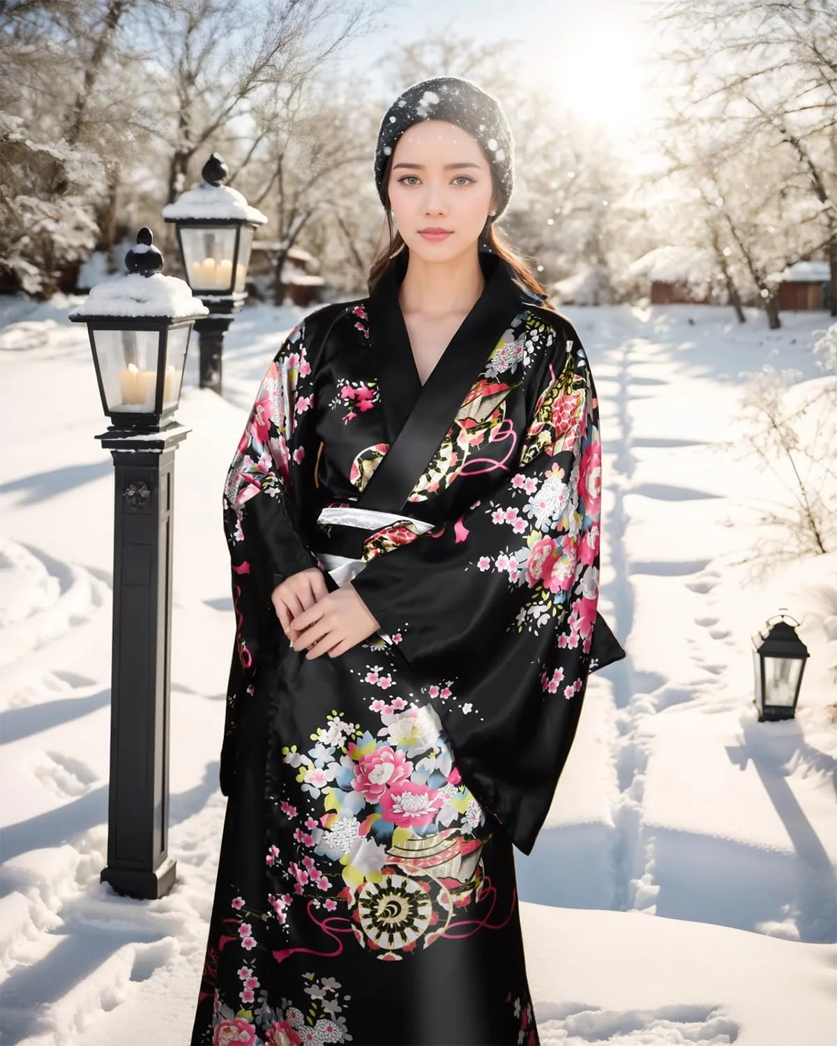 PLULON 5Pcs Japanese kimono for women, Robe Geisha Yukata Dress Blossom Satin Bathrobe japanese dress for women