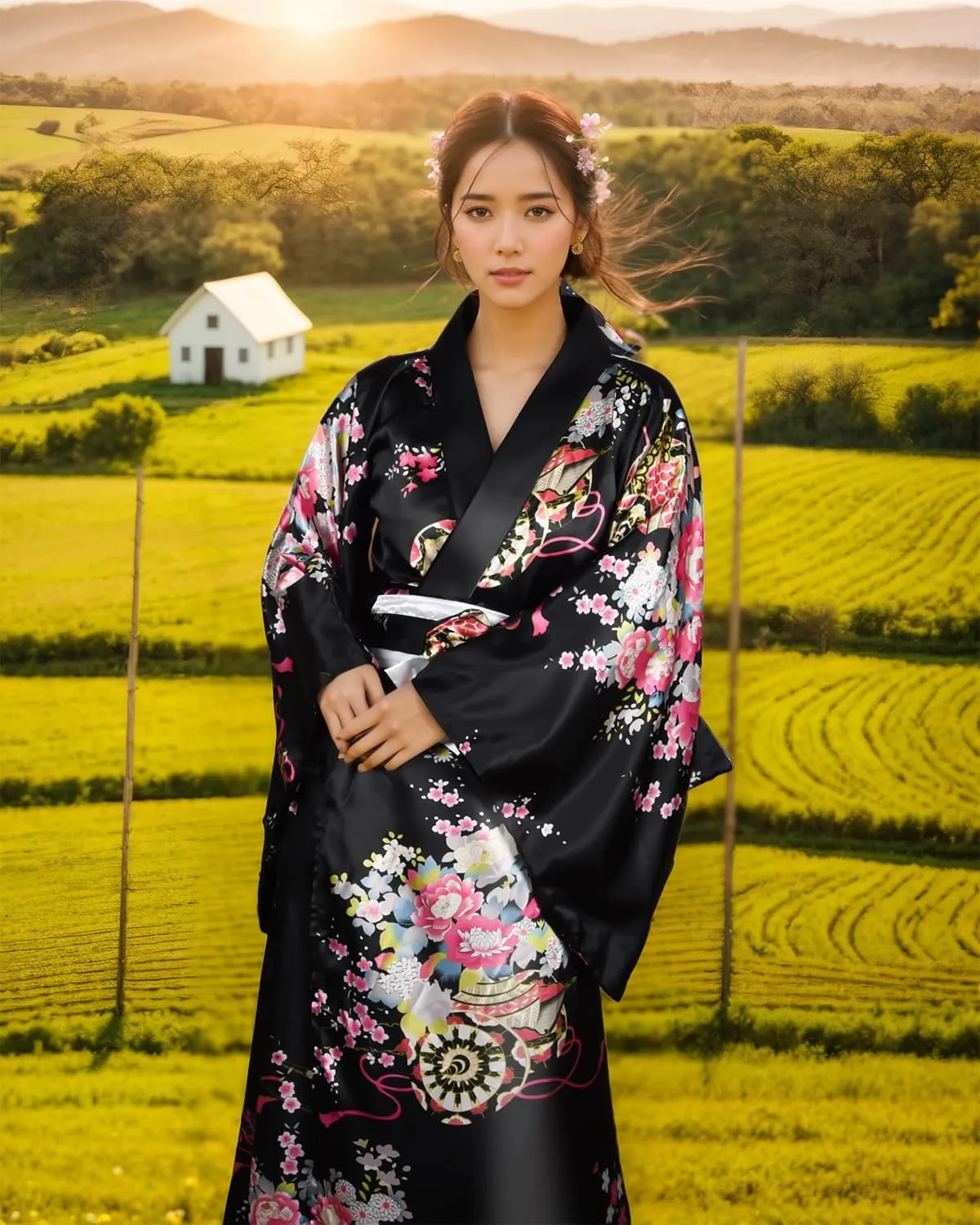 PLULON 5Pcs Japanese kimono for women, Robe Geisha Yukata Dress Blossom Satin Bathrobe japanese dress for women