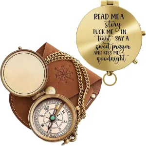 Polish Brass Pocket Compass – Engraved Gift with Leather Case – Kiss Me Goodnight, Always in My Heart – Personalized Keepsake for Husband, Boyfriend, Anniversary, Hiking, Survival Gear