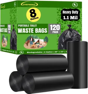 Portable Camping Waste Toilet Bags, 8 Gallon Black Can Liner for Travel, Camping and Outdoor Getaways (120 Count)